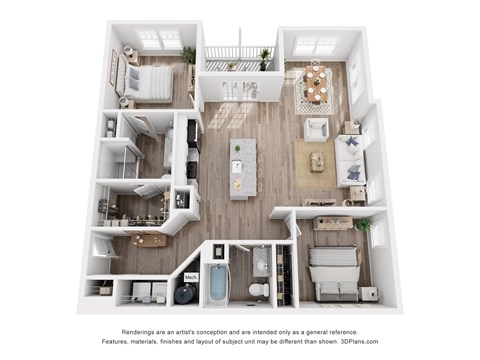 Floor plan for 2 beds, 2 baths, 1273 sqft